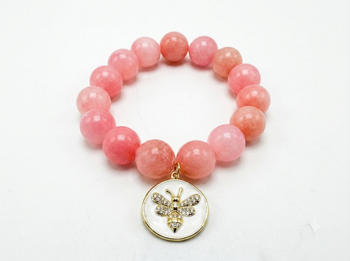 Pink Jade with White Enamel CZ Bee Charm
