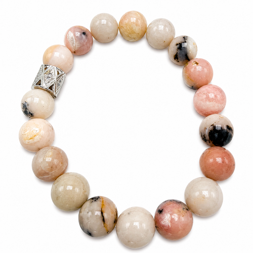 Dendritic Pink Opal with Silver CZ Tube on Stretch Bracelet
