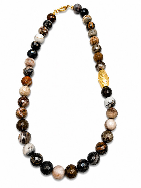 Petrified Wood and Gold Satin Bead Necklace