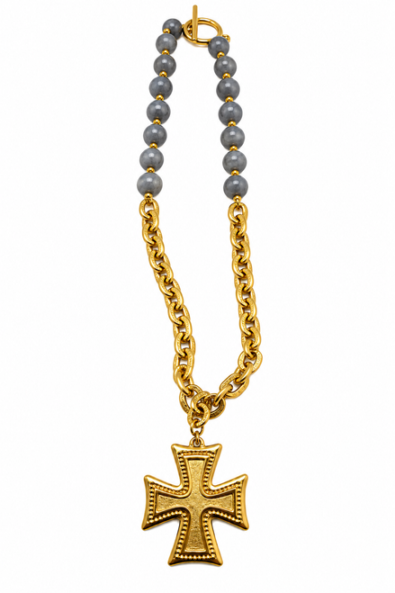 Grey Opague Beads with Gold Chain with Large Gold Cross