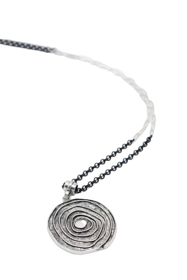 Long Silver and Black Chain with Silver Pendant