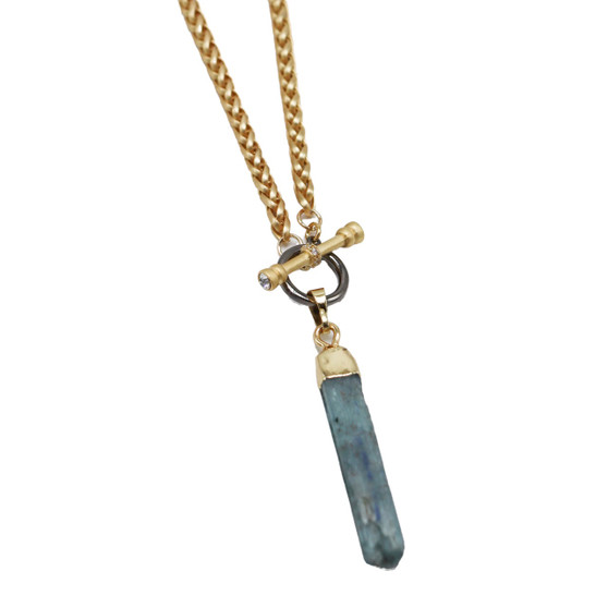 Short Gold Wheat Chain with Two Toned CZ Toggle and Kyanite Pendant