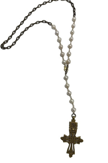 Brass Chain with Hardwired Pearls and Tibetan Cross