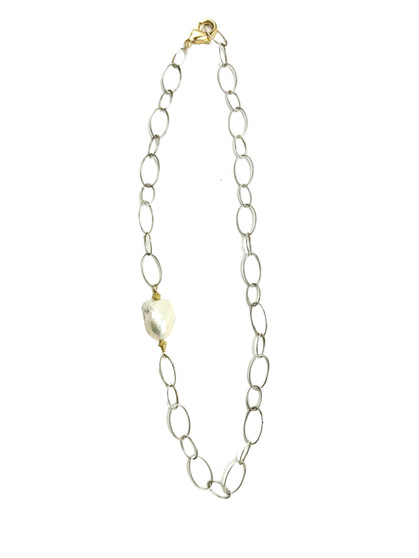 Sterling Silver Chain with Large White Baroque Pearl and Gold Accents