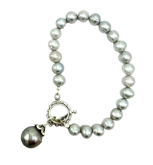 Grey Freshwater Pearls with Baroque Pearl and Sterling Toggle Bracelet