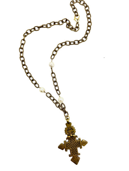 Long Brass Chain with White Freshwater Pearls and Tibetan Cross
