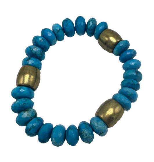 Turquoise and Brass Bead Stretch Bracelet