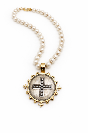 White Knotted Freshwater Pearls with CZ Cross Pendant