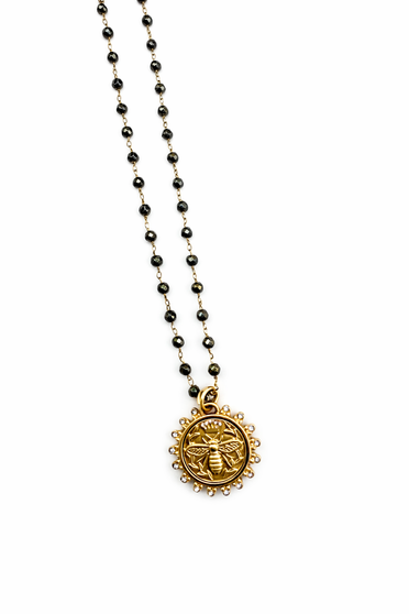 Short Pyrite Chain with Gold CZ Crystal Bee Pendant