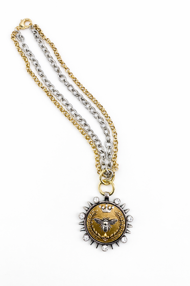 Gold and Silver Double Chain with Gold and Silver CZ Bee Pendant
