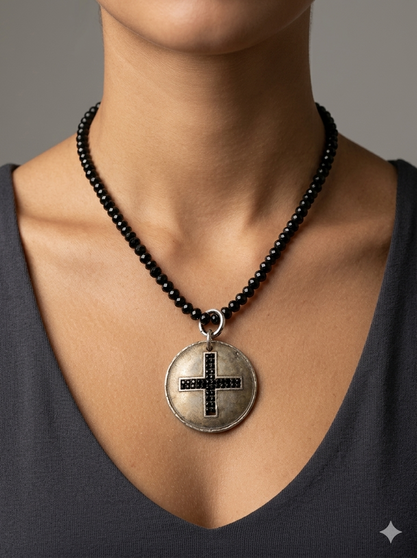 Black Spinel with Black Crystal Cross Necklace