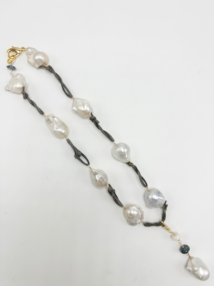 Leather Necklace with Baroque Pearls