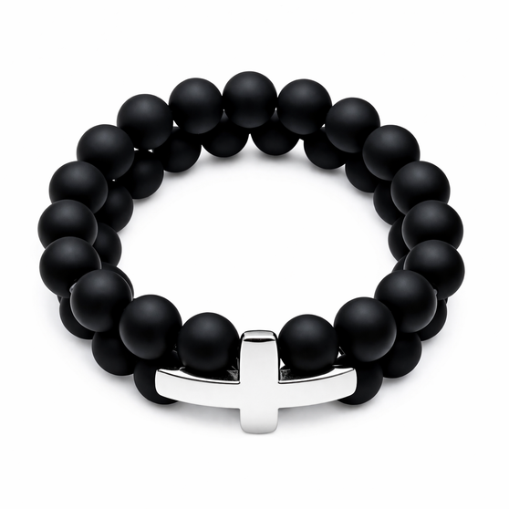Black Onyx Double Stranded Bracelet with Silver Cross