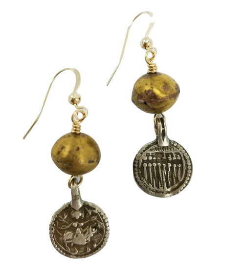 Brass African Bead and Silver Amulet Earrings