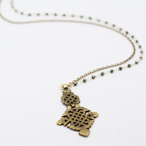 Brass and Pyrite Chain with Tibetan Cross Long Necklace