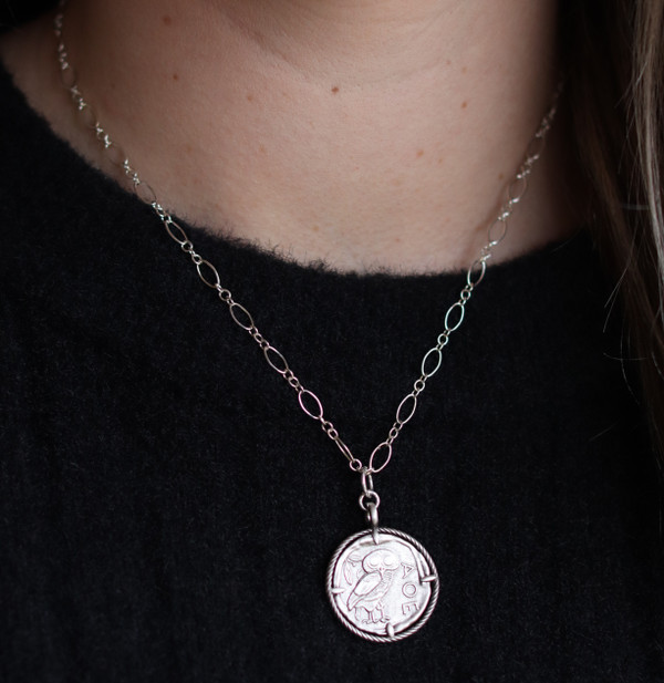 Sterling Greek Coin on Sterling Silver Short Chain