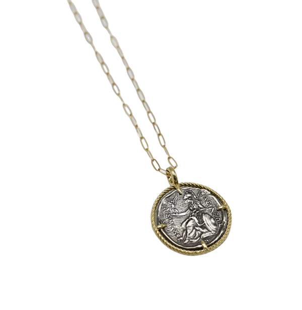 Sterling Greek Coin on Sterling Silver Short Chain
