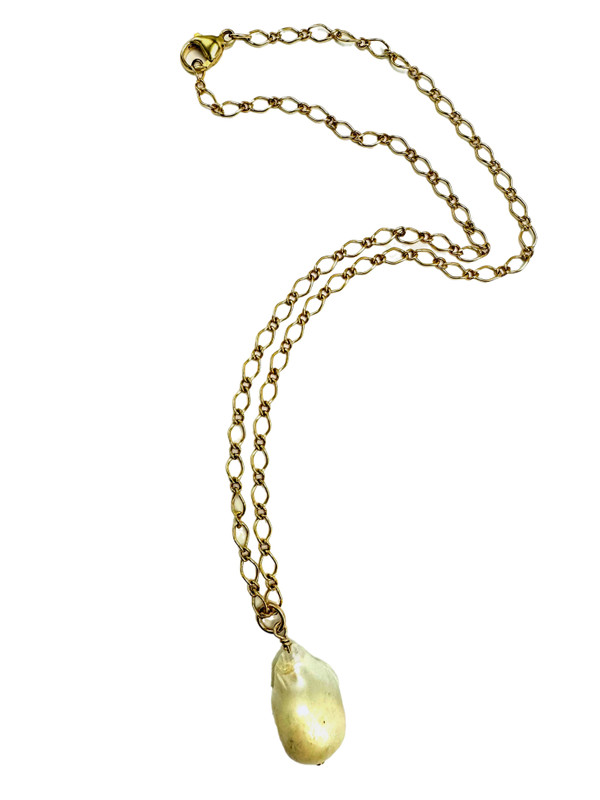 Gold Filled Chain with White Baroque Pearl