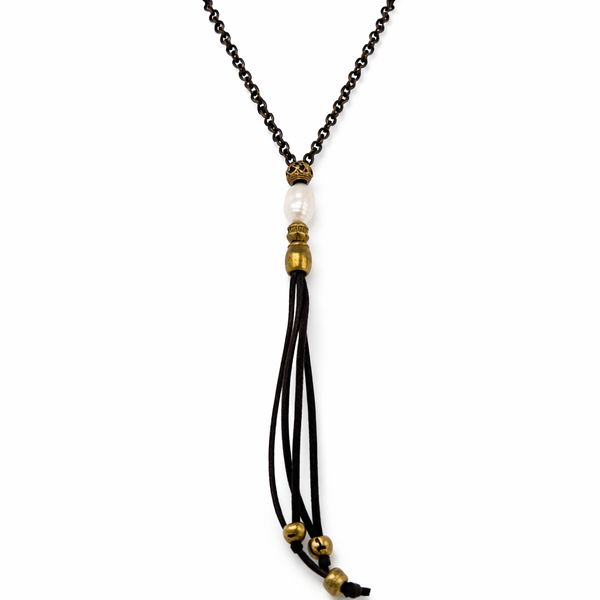 Leather and Chain Lariat with Pearl and African Embellishments