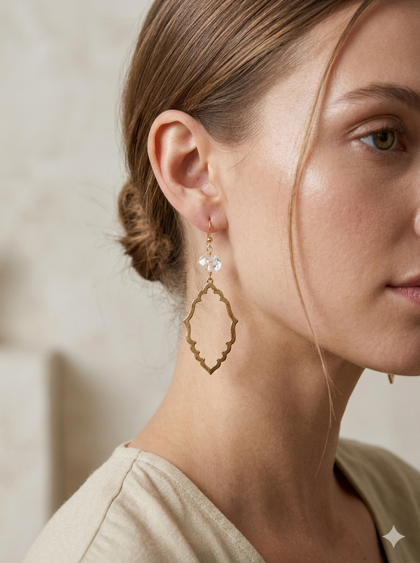 Diamond Quartz and Moroccan Inspired Gold Earrings