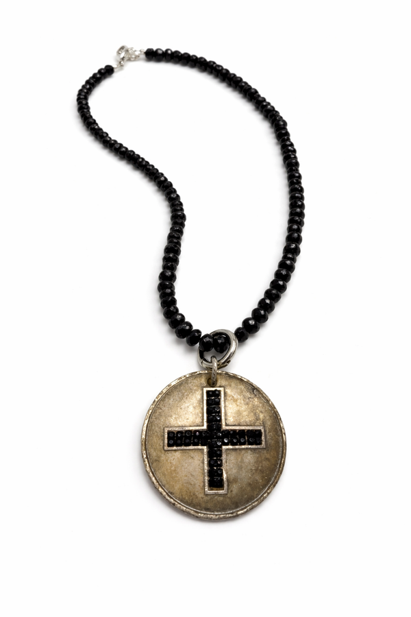 Black Spinel with Black Crystal Cross Necklace