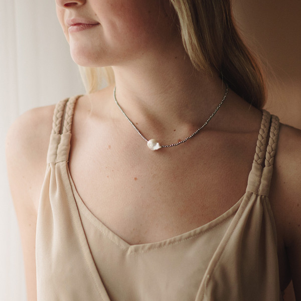 Small Gold Hematite and Baroque Pearl Necklace