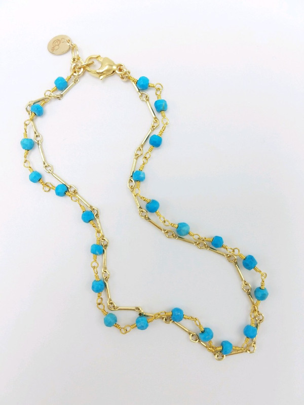 Double Strand Turquoise and Gold Chain Ankle Bracelet