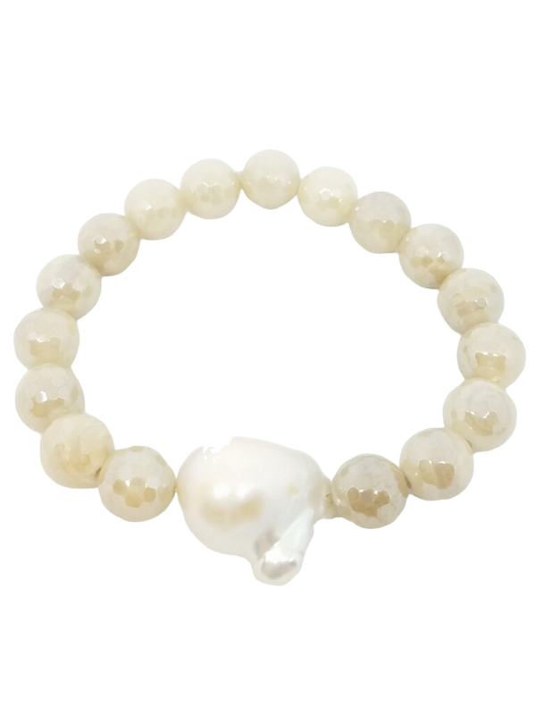 White Lace Agate with Baroque Pearl Stretch Bracelet