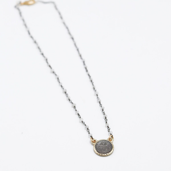 Hand Wired Moonstone Short Necklace with Gold and Gunmetal Coin