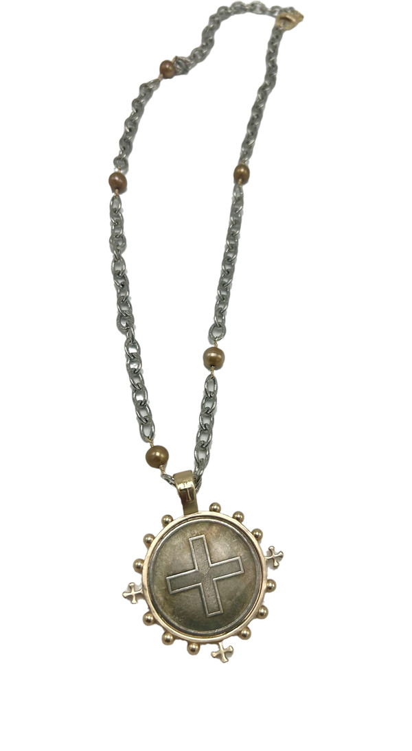 Silver Chain with Gold Pearls and Cross Pendant