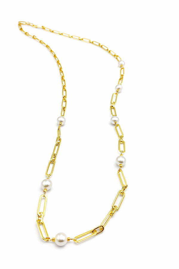 Long Gold Filled Paper Clip Chain with White Freshwater Pearls