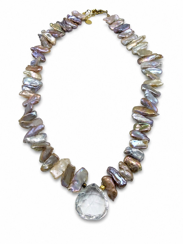Natural Biwa Pearl Necklace with Clear Quartz Drop