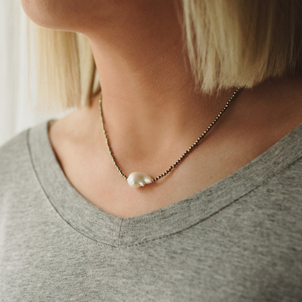 Small Gold Hematite and Baroque Pearl Necklace