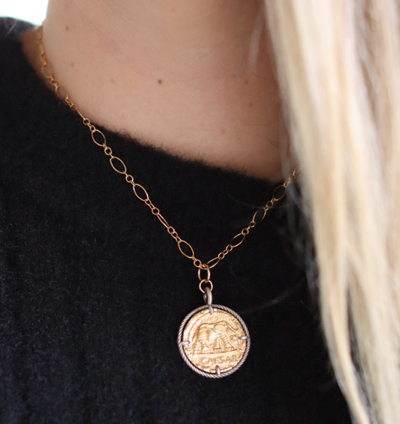 Sterling Greek Coin on Sterling Silver Short Chain