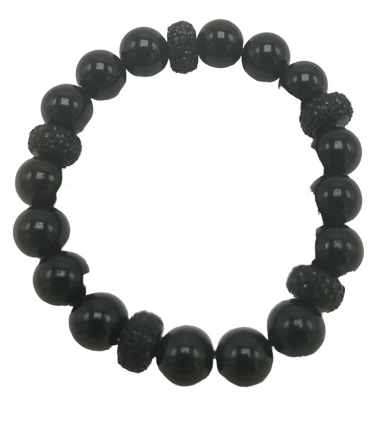 Black Onyx and CZ Rondels on Stretch Bracelet