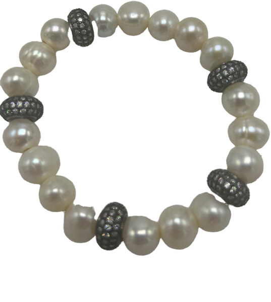 White Freshwater Pearls with Large CZ Rondels on Stretch Bracelet