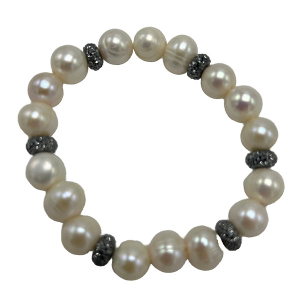 Freshwater Pearl and CZ Rondel Stretch Bracelet