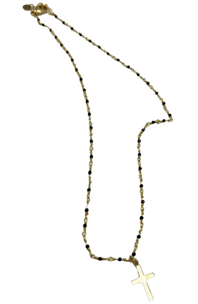 Black Spinel Rosary Short Chain with Gold Filled Cross