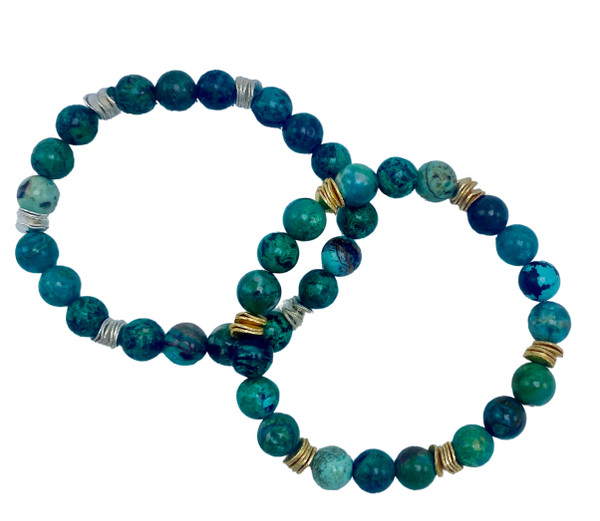 Chrysocolla and Silver or Gold Flake Stretch Bracelet