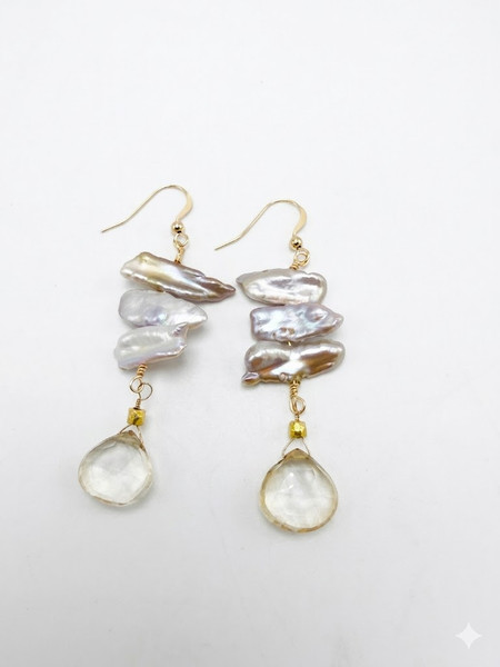 Natural Biwa Pearls and Rutilated Quartz Earrings