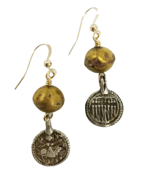 Brass African Bead and Silver Amulet Earrings