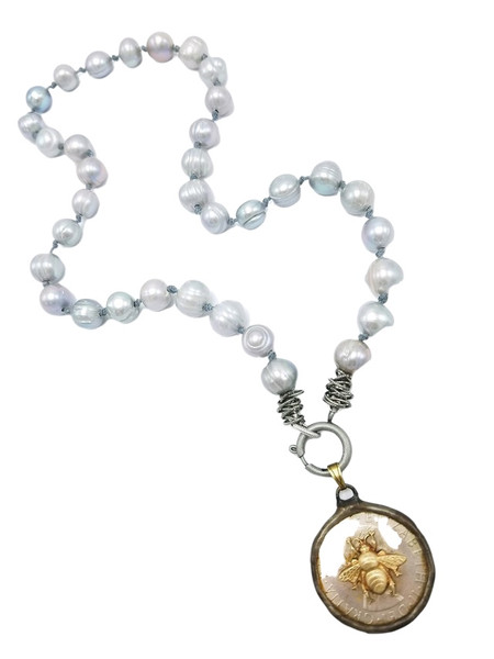 Knotted Pearls with Gold Bee on Coin