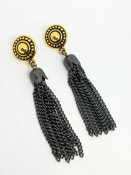 Gunmetal Tassel on Gold Post Earrings