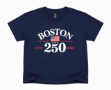 Kids Boston 250 patriotic graphic T-shirt by Gildan in navy and white.
