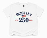 Kids Boston 250 patriotic graphic T-shirt by Gildan in navy and white.