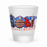 Frosted Boston Massachusetts souvenir shot glass featuring colorful illustrations of iconic landmarks and symbols, including the USS Constitution, Faneuil Hall, lobster, Custom House Tower, baseball, and George Washington statue, on a clean white background.