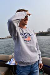 Boston Stars and Stripes crewneck sweatshirt with American flag graphic, available in sport grey and navy.