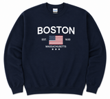 Boston Stars and Stripes crewneck sweatshirt with American flag graphic, available in sport grey and navy.