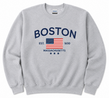 Boston Stars and Stripes crewneck sweatshirt with American flag graphic, available in sport grey and navy.