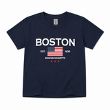 Youth Navy Boston Massachusetts T-shirt featuring American flag graphic and EST. 1630 design on a Gildan short sleeve tee.
